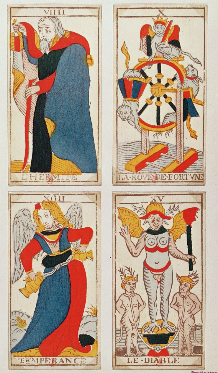 Fire tarotkort, der forestiller Eremitten, Lykkehjulet, Temperance og Djævelen (farvet trægravering) af French School