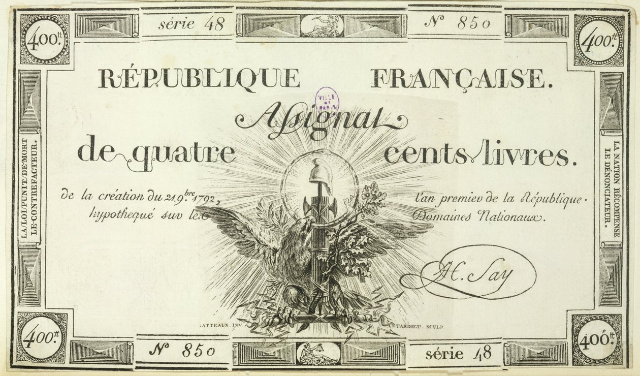 Fire hundrede livre seddel, 21. september 1792 af French School
