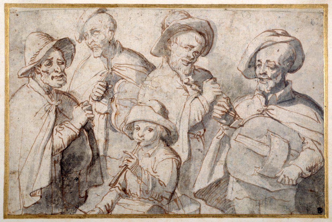 Fire gurdle-spillere og en dreng med pibe, ca. 1650-99 (pen & blæk på papir) af French School