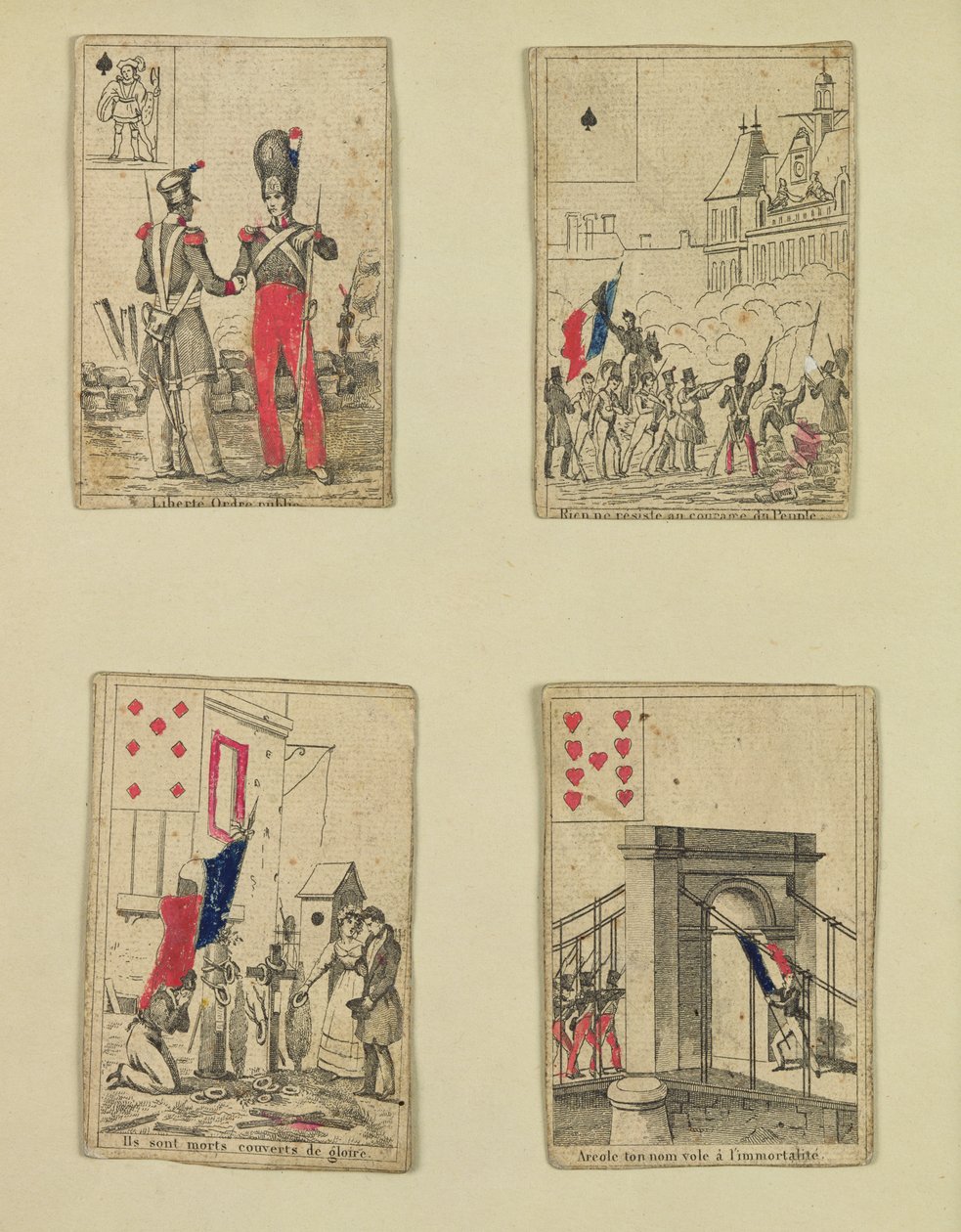 Fire spillekort til minde om heltene fra juli 1830, 1831 af French School