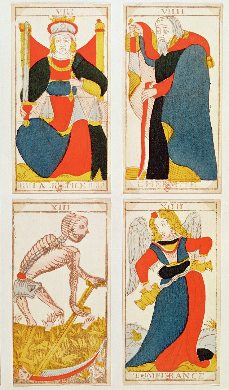 Fire tarotkort, der forestiller Retfærdighed, Temperance, Døden og Eremitten (farvet trægravering) af French School