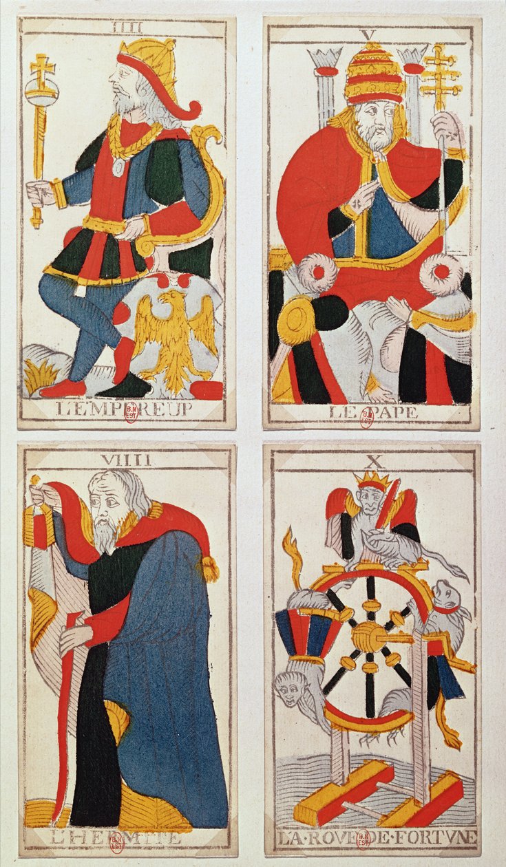 Fire tarotkort, der forestiller kejseren, paven, eremitten og lykkehjulet (farvet trægravering) af French School