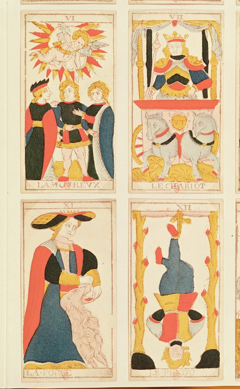 Fire tarotkort, der viser The Lovers, The Chariot, Strength and The Hanged Man (farvet trægravering) af French School