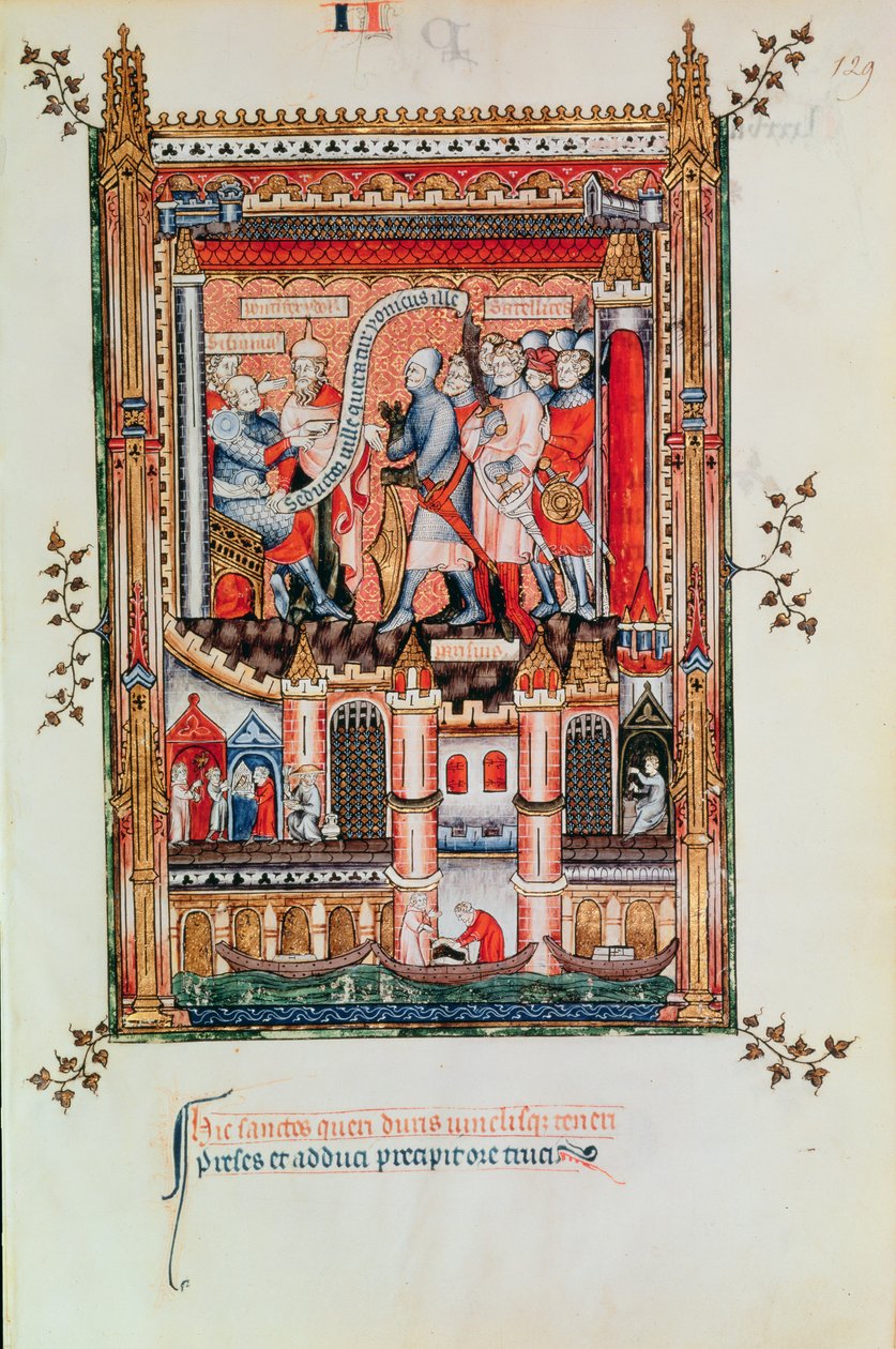 Fr 2091 fol.129 Sisinnius giver ordre til St. Denis og hans ledsagere bragt foran ham, fra Vie de St. Denis, 1317 af French School