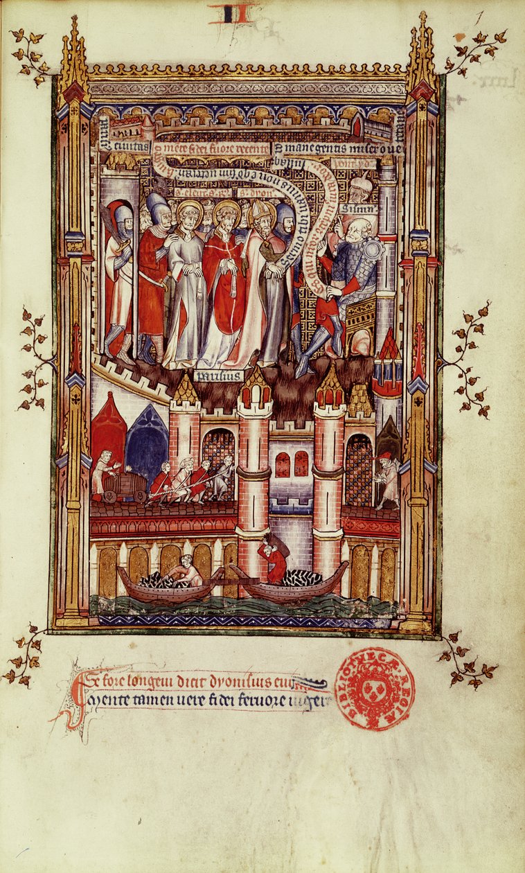 Fr 2092 f.1 Det første forhør af St. Denis og hans ledsagere af Sisinnius, fra Vie de St. Denis, 1317 af French School