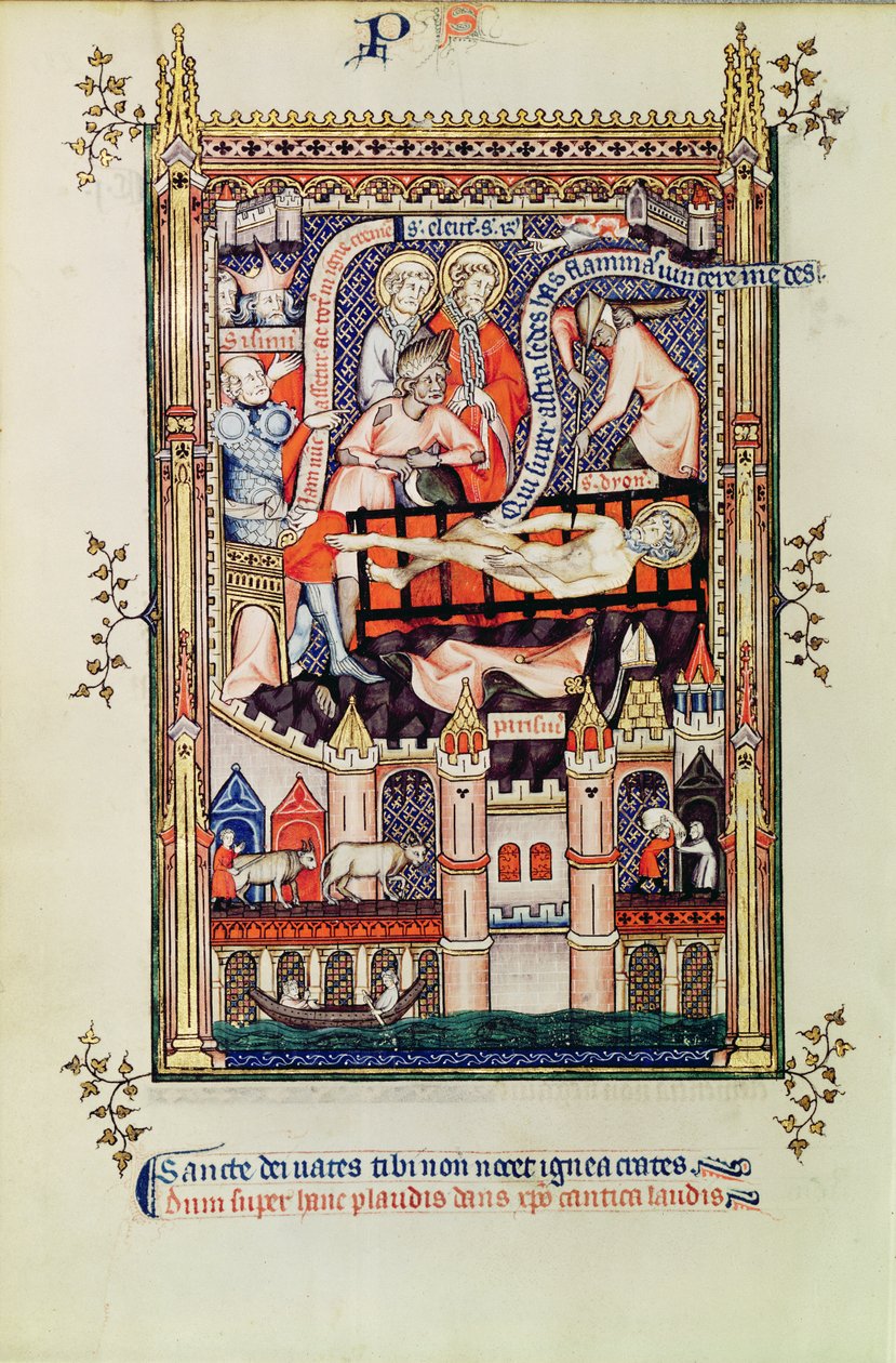 Fr 2092 f.22v St. Denis tortureres på stativet, fra Vie de St. Denis, 1317 af French School