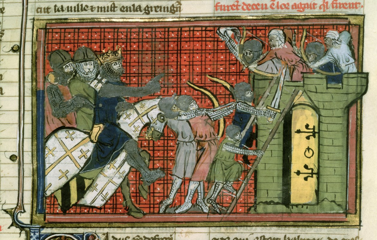 Fr 22495 f.36r Angreb på en by, fra Le Roman de Godefroi de Bouillon af French School