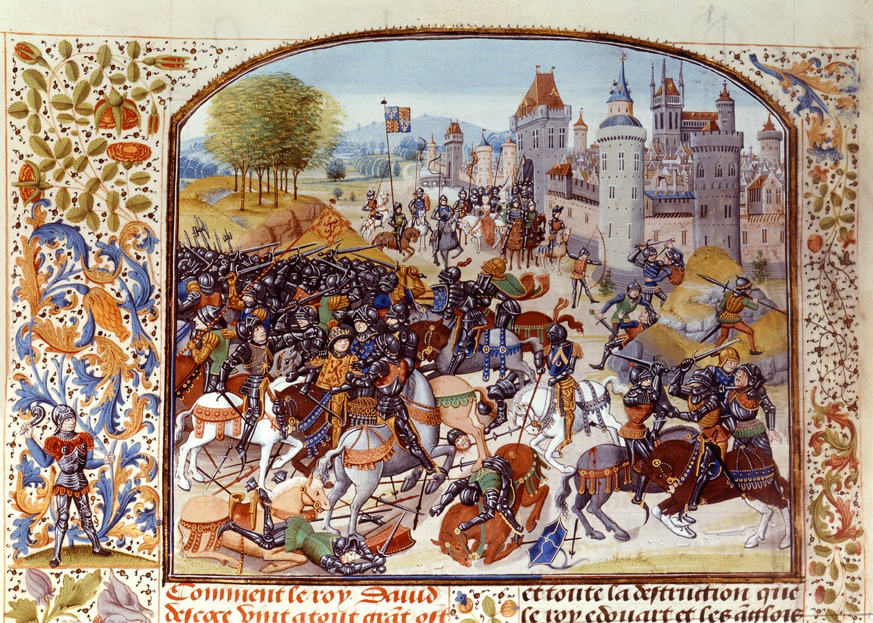Fr 2643 f.97v Slaget ved Nevilles Cross fra Hundredårskrigen i 1346, fra Froissarts Chronicle af French School