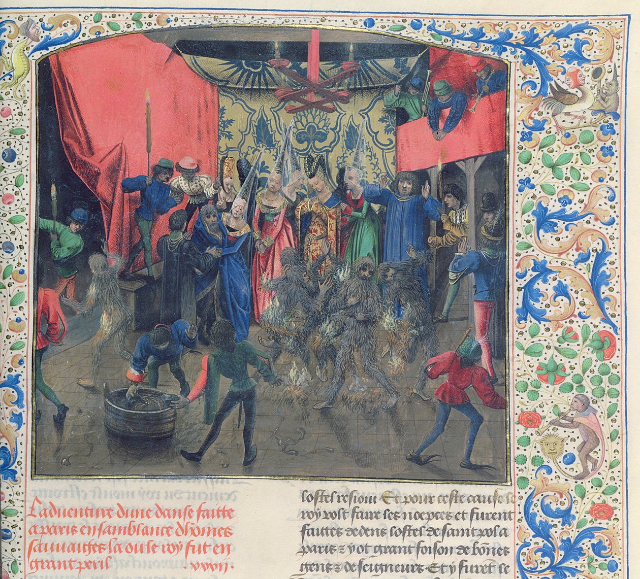 Fr 2646 f.176 Bal des Ardents, Charles bliver reddet af hertuginden af Berry, efter at Louis af Orleans satte ild til dansernes kostumer, 1392, fra Froissarts Chronicle af French School