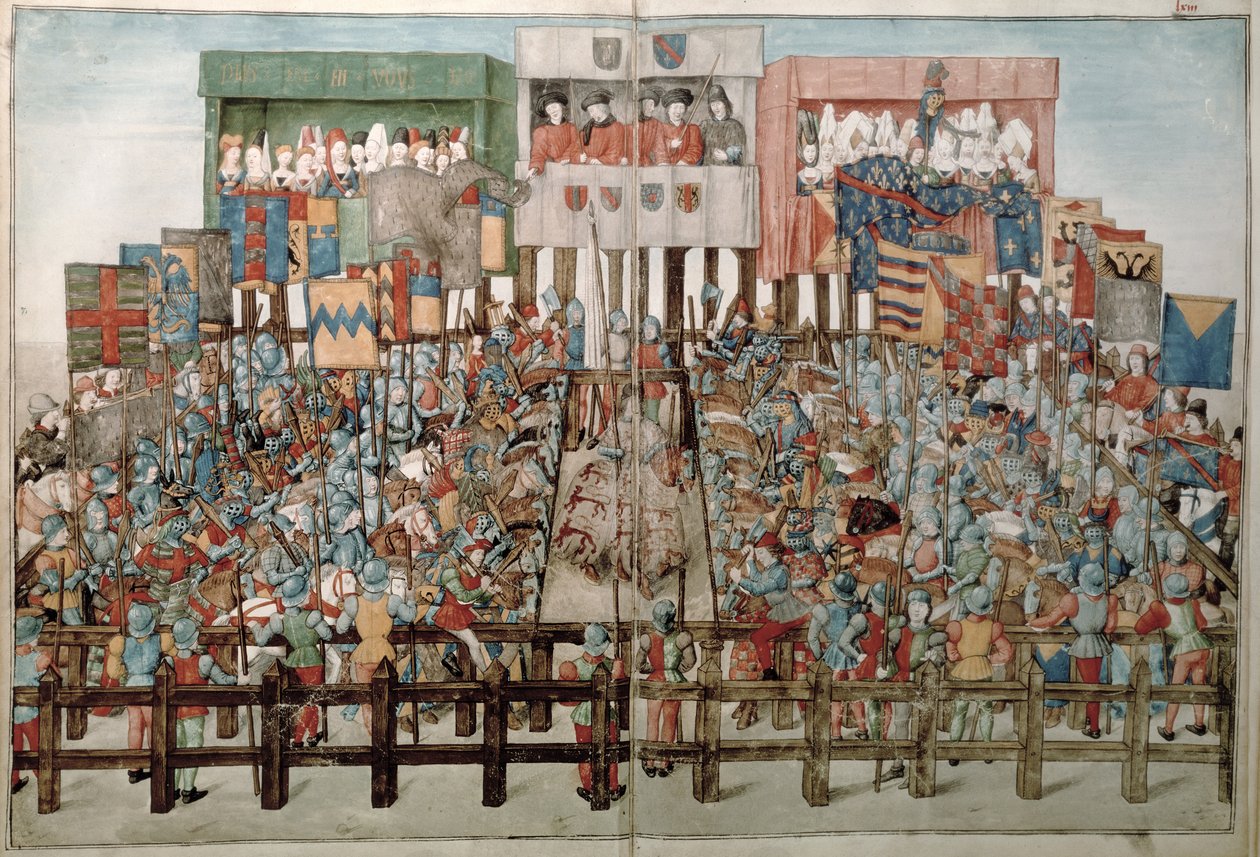 Fr 2692 f.62v-63r Kong Rene præsiderer over en dystturnering, fra Livre des Tournois de Rene dAnjou, c.1488-89 af French School