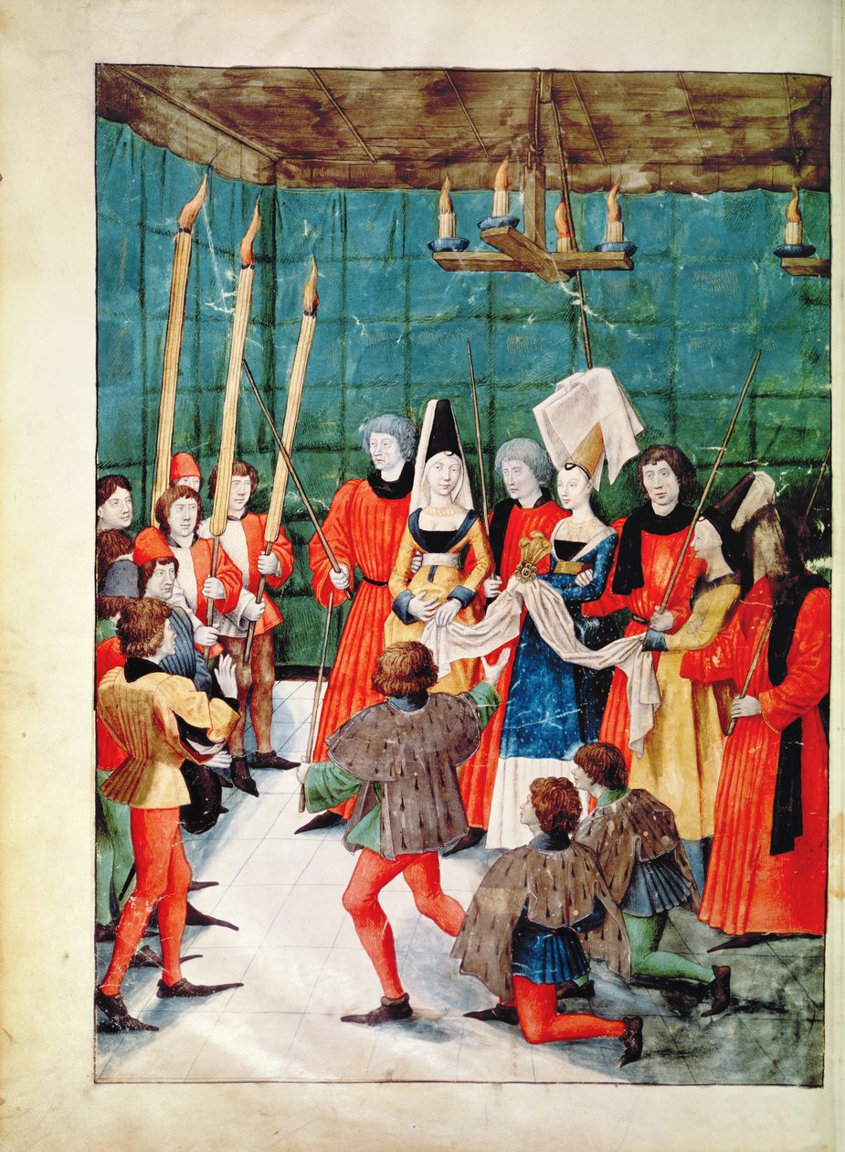 Fr 2692 f.70v Dronningen overrækker prisen for en dystturnering, fra Livre des Tournois de Rene dAnjou, c.1488-89 af French School