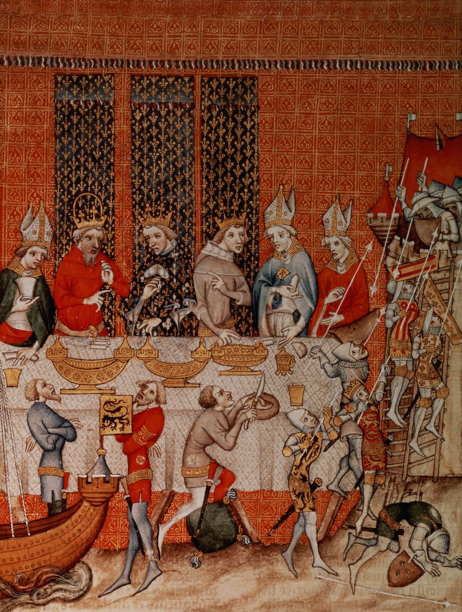 Fr 2813 f.473 Banketscene, fra Grandes Chroniques de France, 1375-79 af French School
