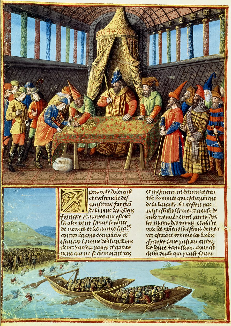 Fr 5594 f.267v Bayezid I modtager løsesum, fra Passages faits Outremer skrevet af Sebastien Mamerot, c.1490 af French School