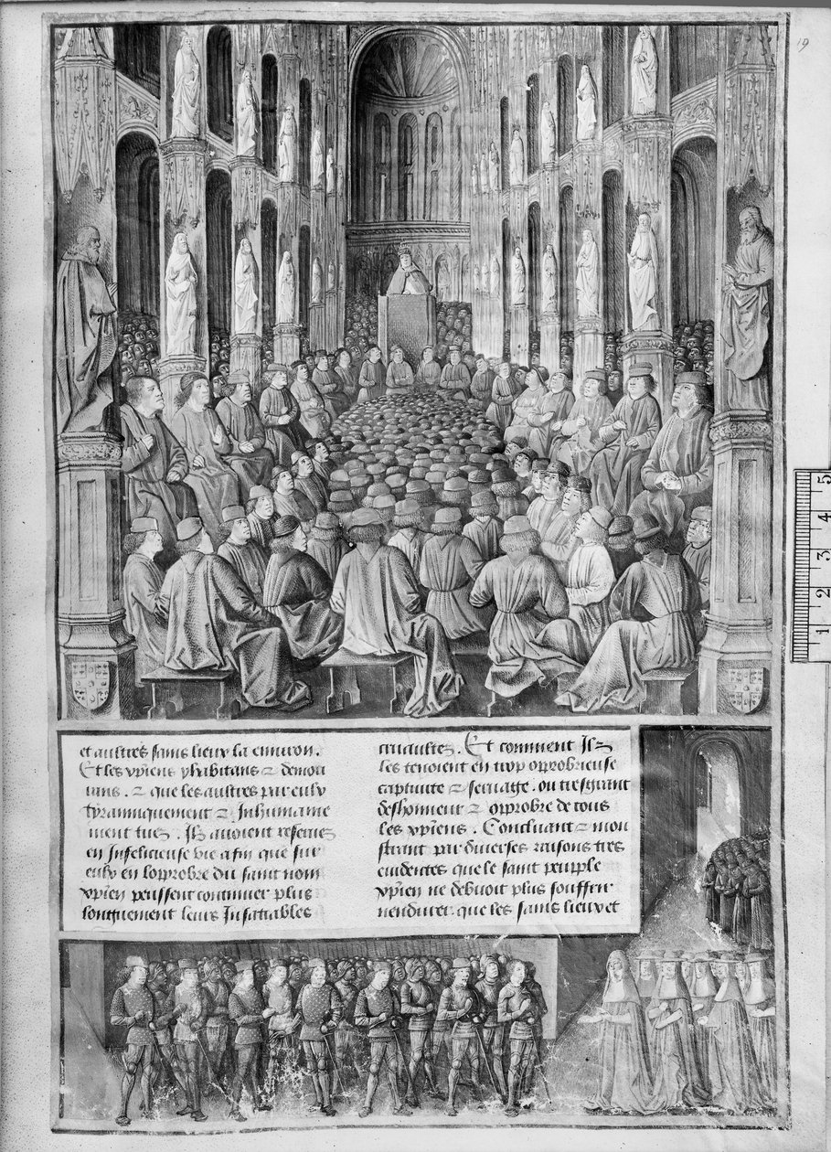 Fr 5594 fol.19 Hvordan pave Urban II (1042-99) prædikede generobringen af Den Hellige Gravs Kirke ved koncilet i Clermont-Ferrand, illustration fra Les Passages dOutre-Mer af Sebastien Mamerot de So af French School