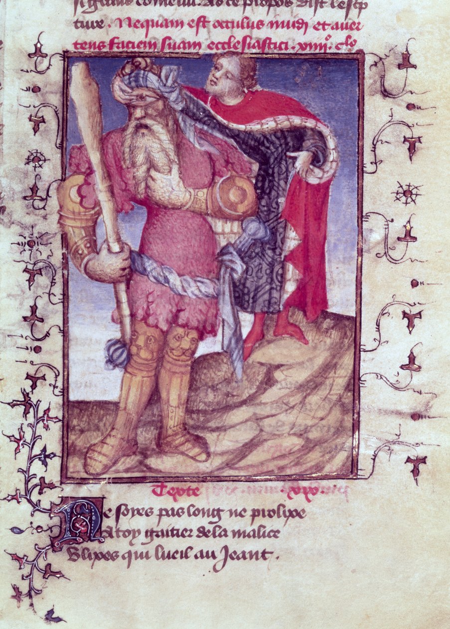 Fr 606 f.11 Ulysses gennemborer kyklopens øje, fra Epitre dOthea, af Epitremesteren, c.1406 af French School