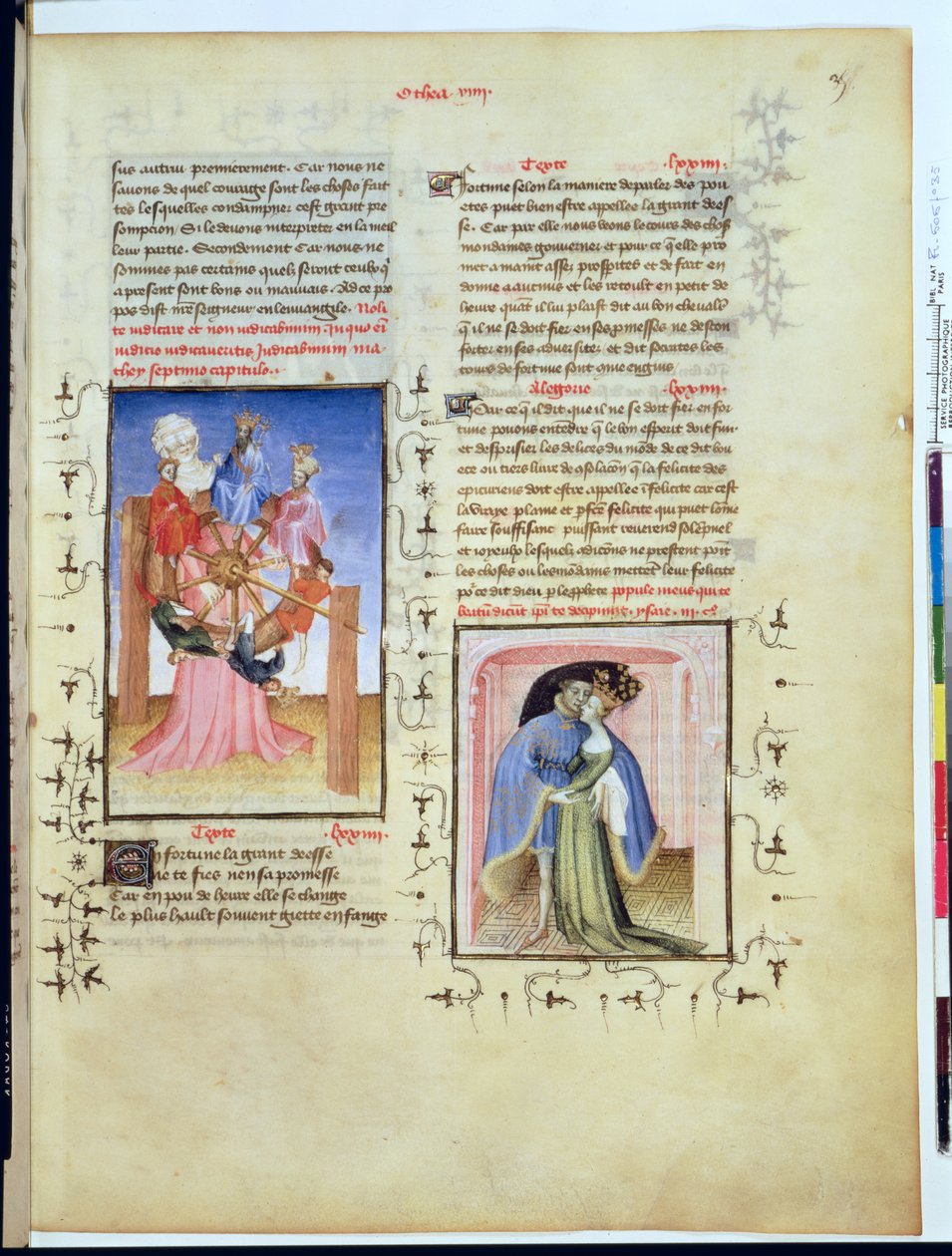 Fr 606 f.35 Lykkehjulet og verdslige glæders forræderi, fra LEpitre dOthea, af epitremesteren, erhvervet af Jean de Berry ca. 1405 af French School