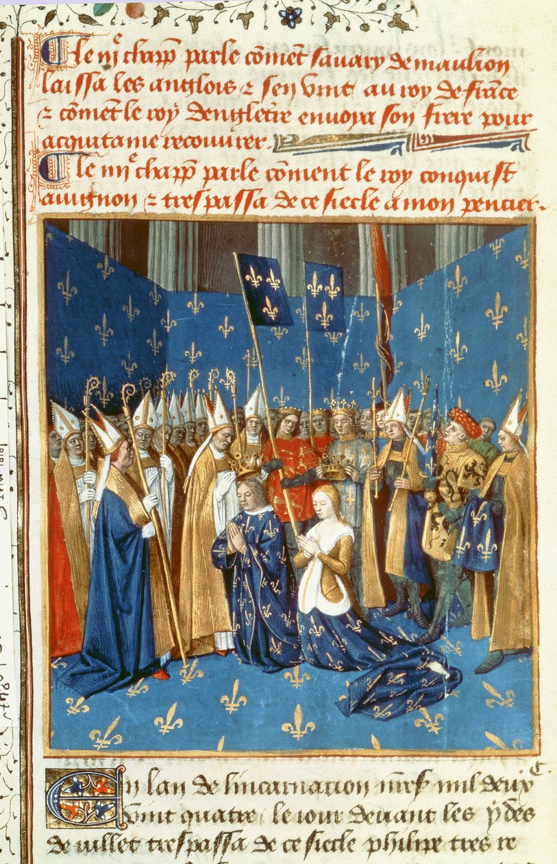 Fr 6465 f.247v Kroning af Ludvig VIII (1187-1226) og Blanche de Castilla i Reims i nærværelse af kongen af Jerusalem af French School