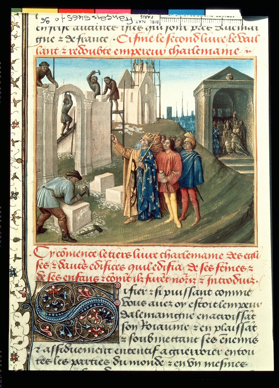 Fr 6465 f.96 Opførelse af kirken i Aix La Chapelle af Charlemagne (742-814) af French School