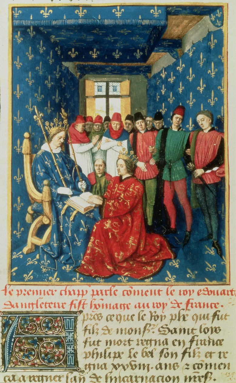 Fr 6465 fol.301v Edward I (1239-1307) hylder kongen af Frankrig, Philippe IV le Bel (1268-1314), for hertugdømmet Aquitaine af French School