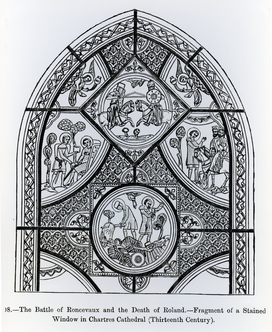 Fragment af et farvet glasvindue i Chartres-katedralen, der forestiller slaget ved Roncevaux og Rolands død, illustration fra videnskab og litteratur i middelalderen og renæssancen, forfatter af French School