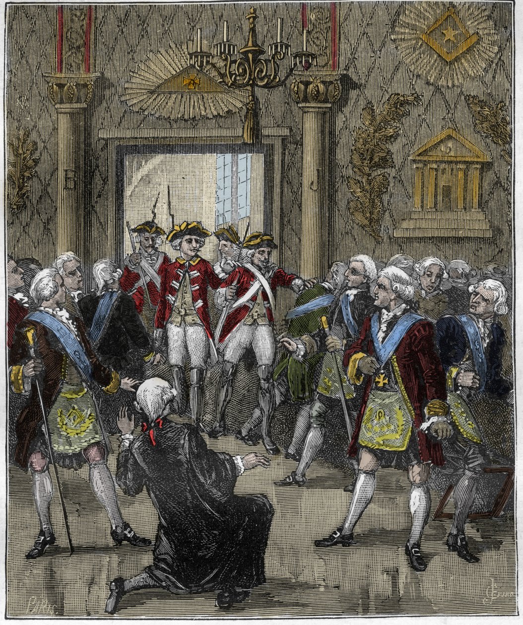 Franc-Maconnerie (Franc Maconnerie) på Hotel de Soisson i Paris i juni 1745: Franco-macon ceremoni afbrudt af ankomsten af ​​en politikommissær. Gravering i "" Paris gennem århundrederne "", Gourdon de Kenouillac 1880.. af French School