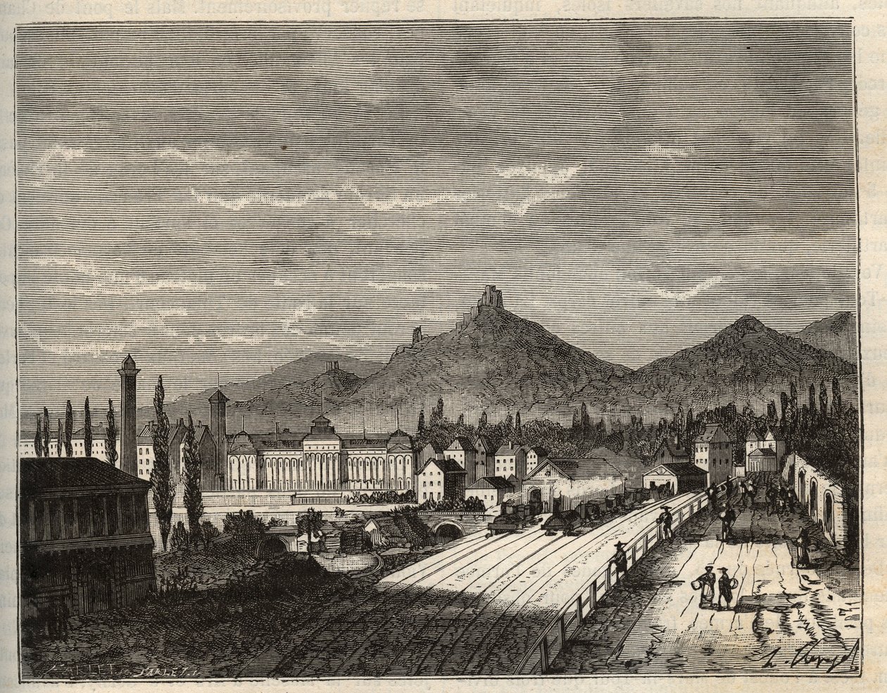 Frankrig, Alsace, Bas-Rhin (67), Saverne: Banks of the Zorn, det gamle Chateau du Haut Barr bygget på klipperne - indgravering i "Frankrig illustree: geografi, historie, statistisk administration" af V.A. Malt-brun. 1884 af French School