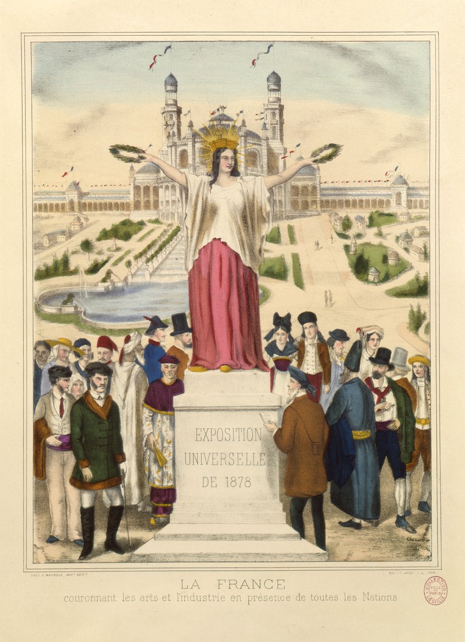 Frankrig kroner kunsten og industrien med laurbærkranse ved Exposition Universelle i 1878 i Paris af French School