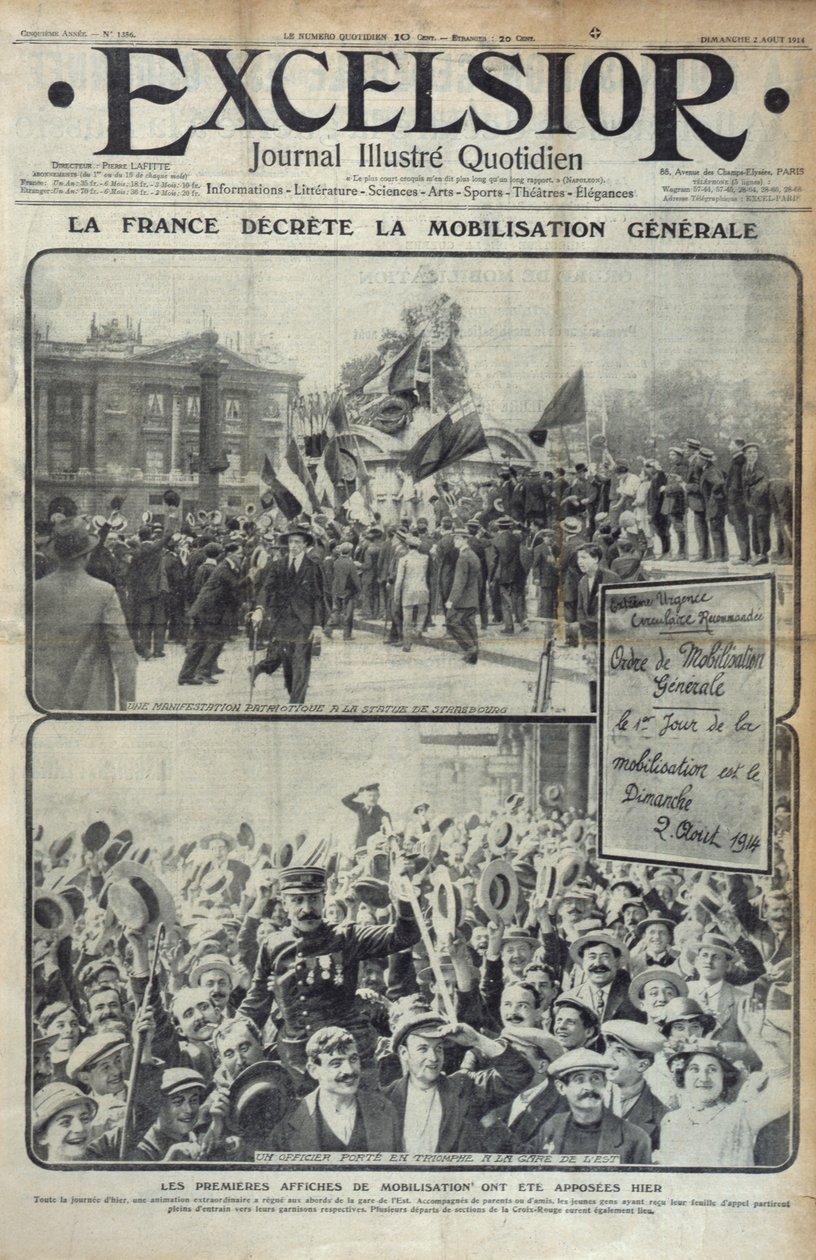 Frankrig erklærer generel mobilisering den 2. august 1914, forsideillustration af Excelsior søndag den 2. august 1914 af French School