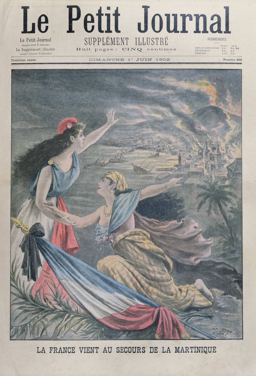 Frankrig hjælper Martinique efter vulkanudbruddet, Montagne Pelee, på Martinique, fra Le Petit Journal, 1. juni 1902 af French School