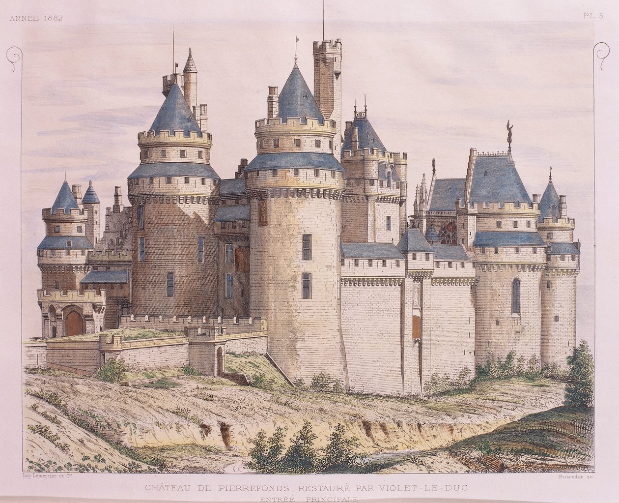 Frankrig, Pierrefonds middelalderborg, restaureret af Violet le Duc fra Moniteur des Architectes, gravering af French School