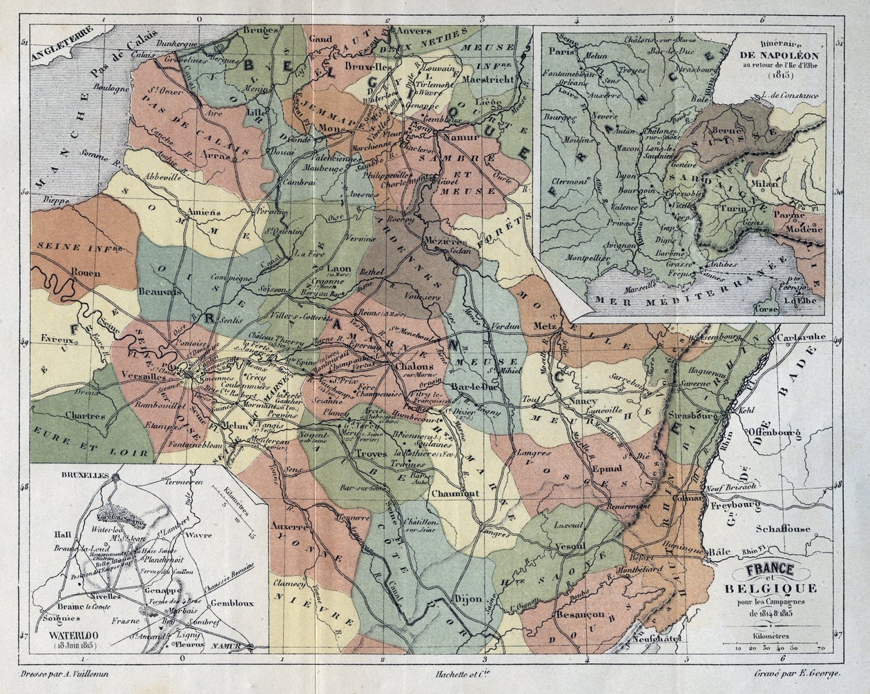 Frankrig og Belgien for felttoget 1814-1815 - indgravering i "Histoire de France" af Victor Duruy (1811-1894) - 1882 af French School