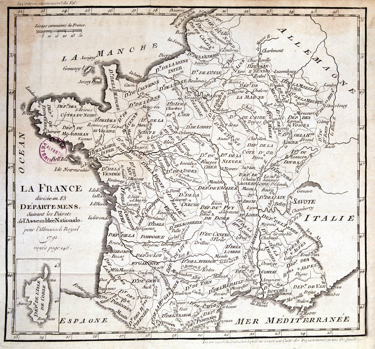 Frankrig opdelt i 83 departementer efter dekreterne fra nationalforsamlingen af 1791 af French School
