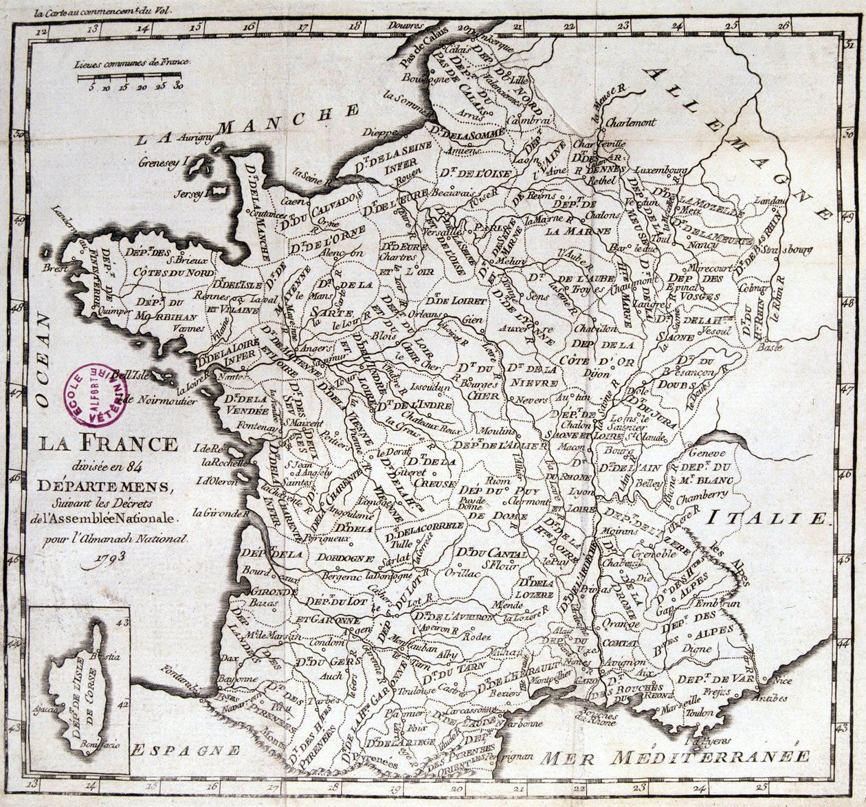 Frankrig opdelt i 84 departementer efter dekreterne fra nationalforsamlingen af 1793 af French School