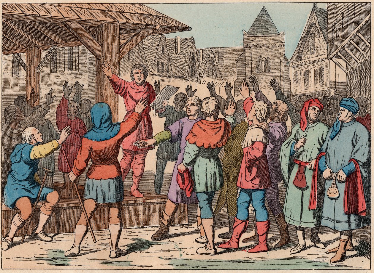 Frankrig i middelalderen: kommunerne - Kommunalt charter - Ed - Indgravering af slutningen af det 19. århundrede i "" Nos Gires Nationales - Images et recits"" af French School