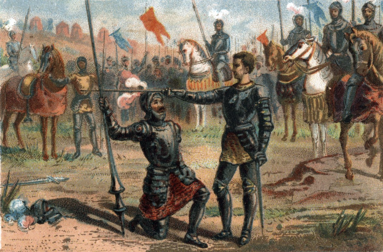 Frans I af Frankrig anmoder om at blive slået til ridder af Chevalier Bayard efter sejren i slaget ved Marignano, Italien af French School