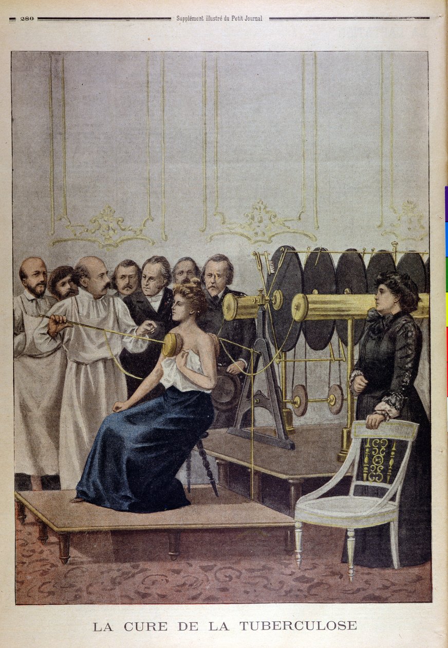 Francisque Crotte behandler en patient med tuberkulose ved hjælp af elektricitet, fra Le Petit Journal, 1901 af French School