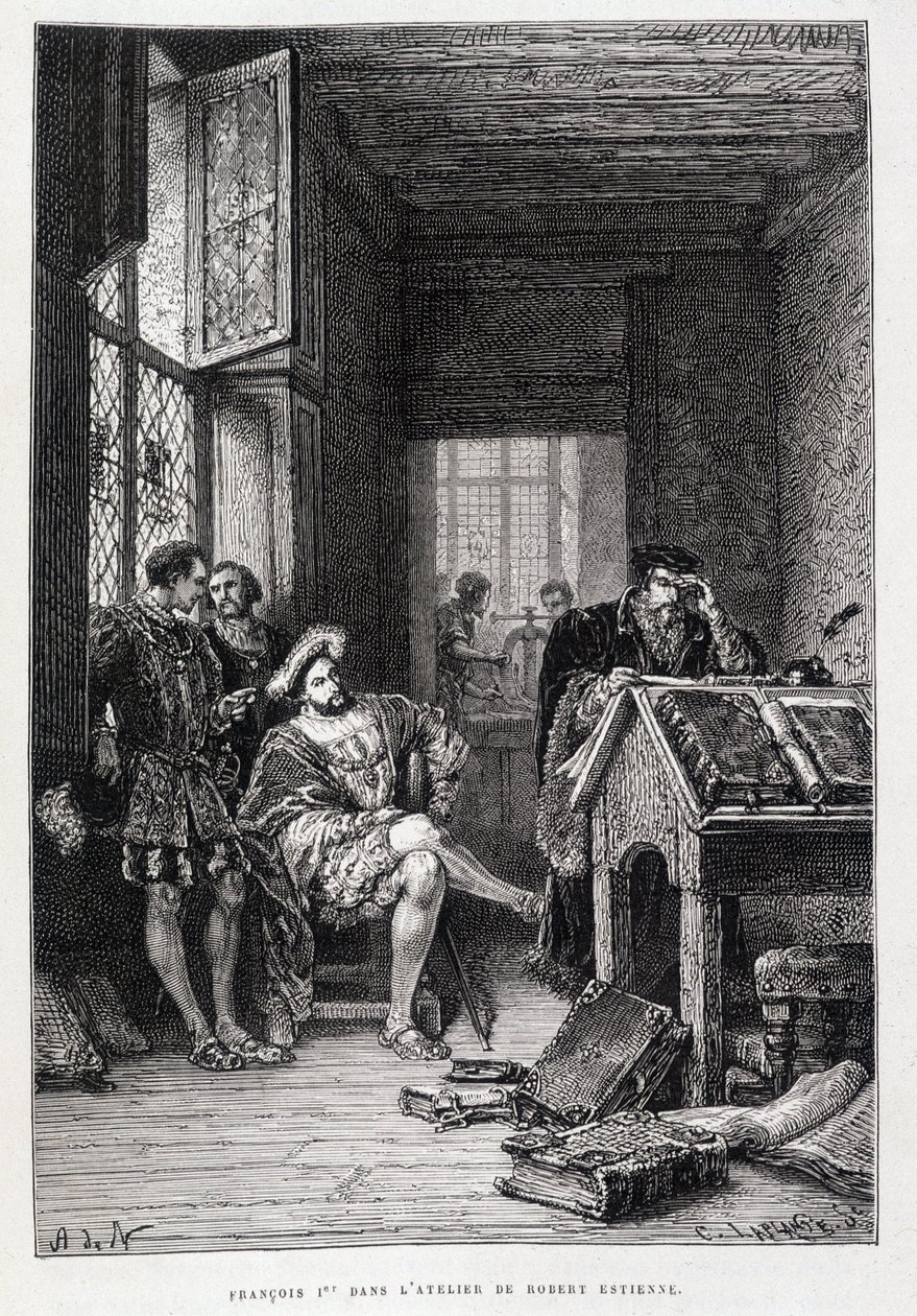 Francois 1. i Robert Estiennes atelier - gravering af French School