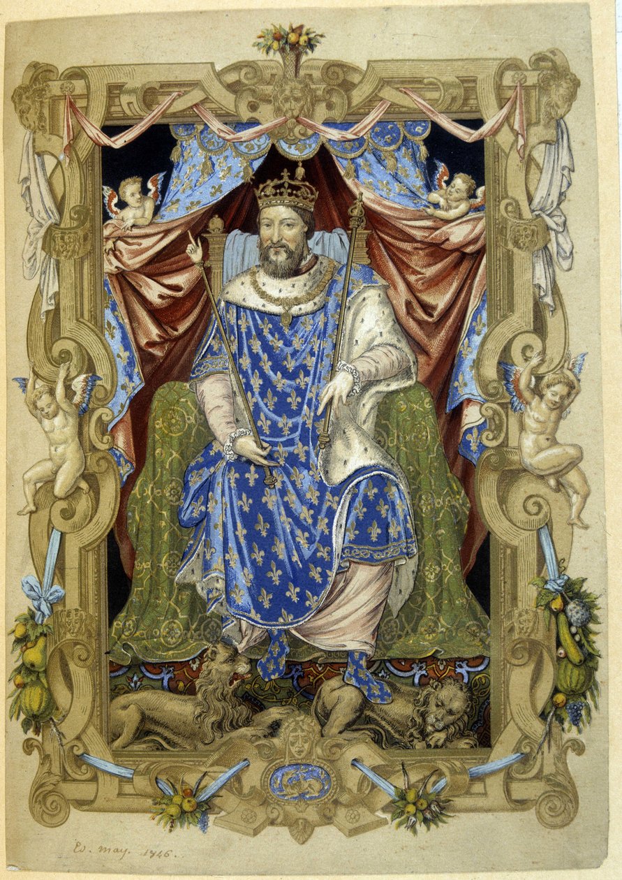 Francois 1. på sin trone i ceremoniel kjole af French School