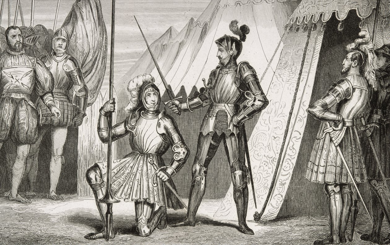 Francois I (1494-1547) slået til ridder af kaptajn Bayard efter slaget ved Marignano, fra 