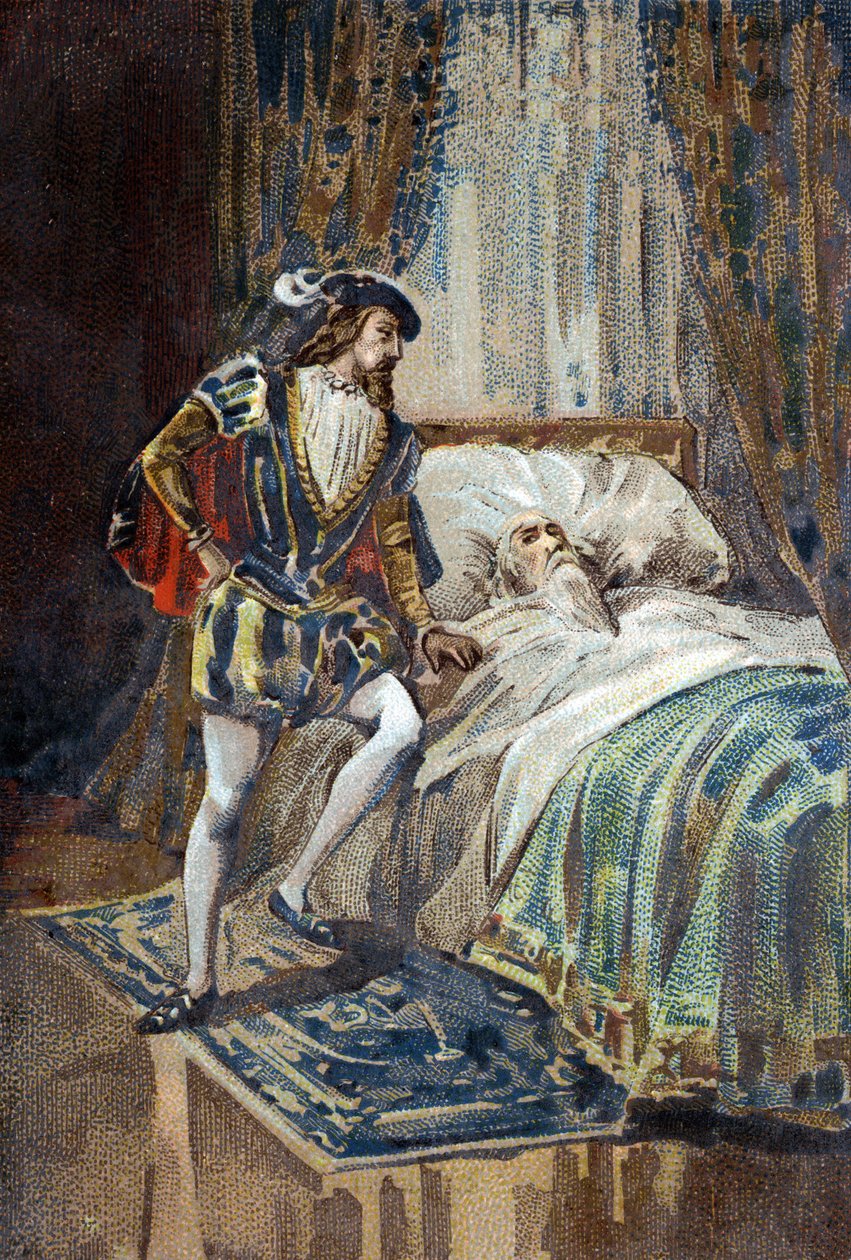 Francois I, konge af Frankrig, modtager Leonard de Vincis (Leonardo da Vinci) sidste suk ved Clos Luce. Kromolitografi omkring 1890. af French School