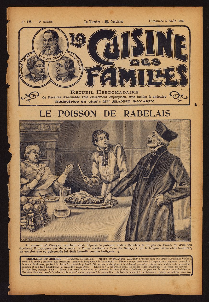 Francois Rabelais advarer kardinal Jean du Bellay mod at spise en fisk (kobberstik) af French School