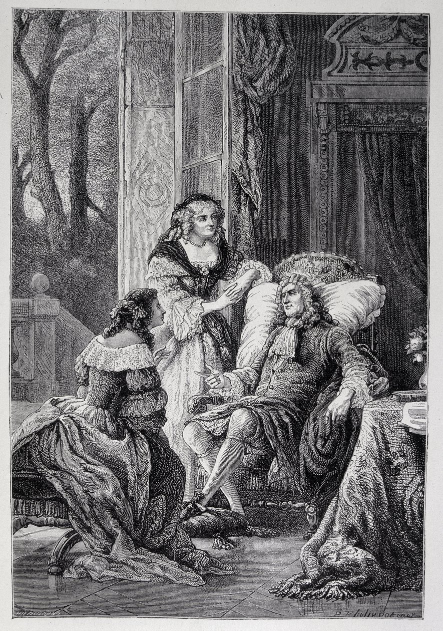 Francois de la Rochefoucauld (1613-1680) taler med Mademoiselle de Sevigne (Marie de Rabutin-Chantal), Marquise de Sevigne dit Madame de Sevigne (1626-1696) og Marie-Madeleine (Marie Madeleine) Pioche de La Vergne, grevinde af La Vergne (Fru af F af French School