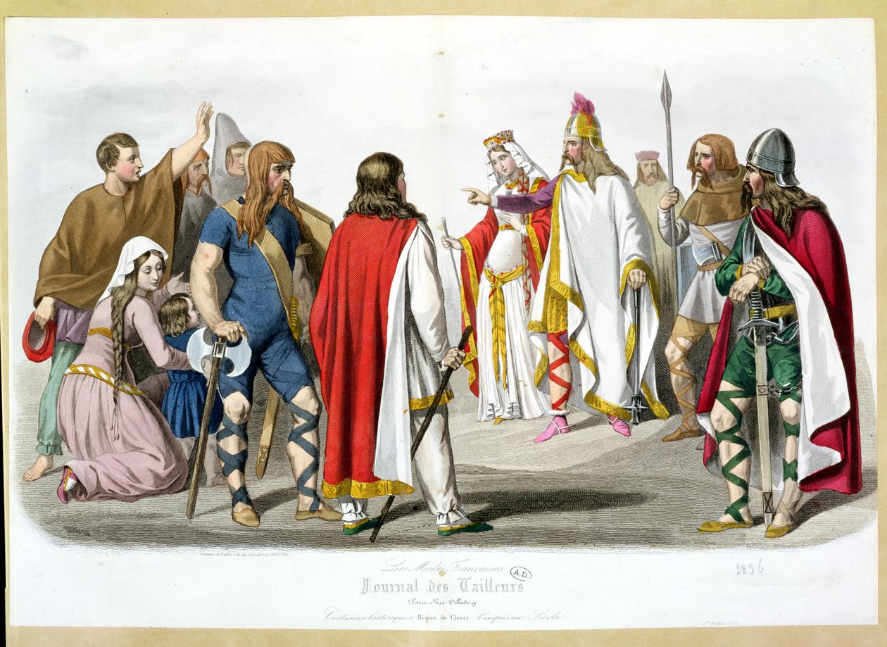 Frankiske og merovingerkostumer, historisk modeplade fra Les Modes Francaises - Journal des Tailleurs, 1836 af French School