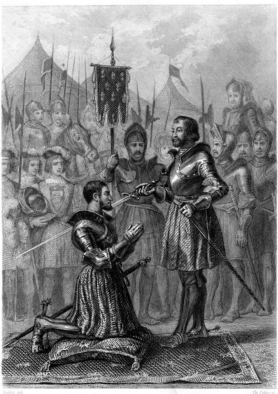 François 1., bevæbnet ridder efter slaget ved Marignan (1515). 19. århundrede (kobberstik) af French School