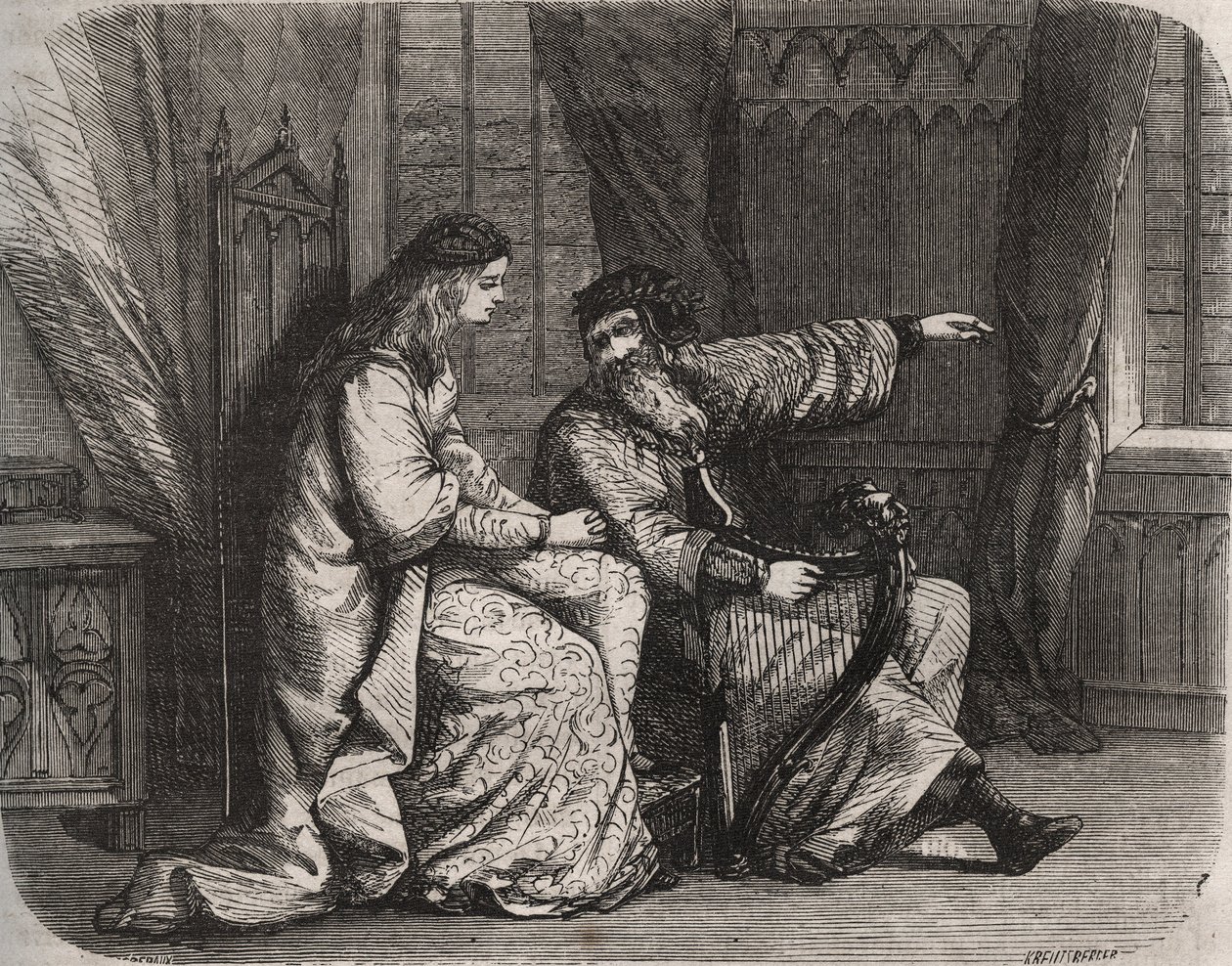 Fredegonde (545-597) betror harpespilleren Barbantini sine bekymringer, fordi hans elsker Chilperic (dengang kongen af francs Chilperic I (543-597), ikke giftede sig med ham. 565. Indgravering fra 1871 i "Histoire Des Cocuses Celebres" af Henry de Kock (18 af French School