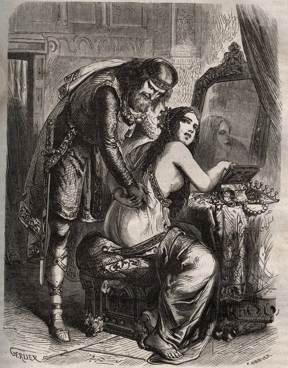Fredegonde (545-597) tager sin mand, Kongen af Francs Chilperic I (543-597), til sin elsker, Landeric. Kongen opdager, da hans kone er ham utro. Indgravering fra 1871 i "Histoire Des Cocuses Celebres"" af Henry de Kock (1819-1892). af French School