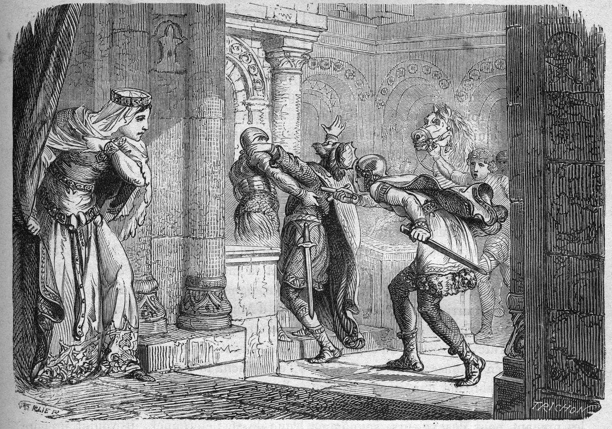 Fredegonde (v. 545 - 597), dronning af Neustrien, lod Chilperik I (539-584) myrde i 584. Indgravering i "Prostitutionens og udskejelsens historie blandt alle verdens folk fra antikken til i dag" af Dr. Th. -F. Debray. 1879. af French School