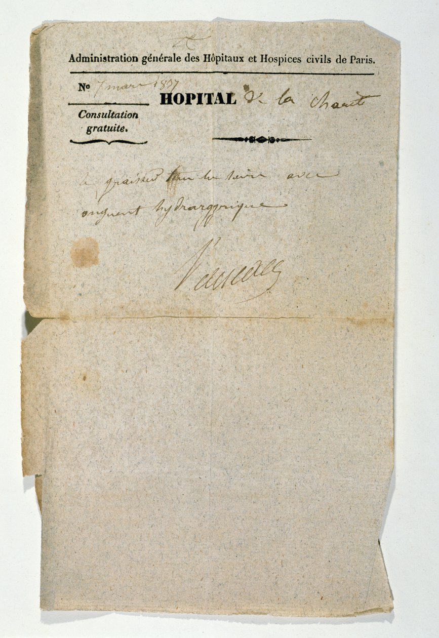Gratis recept fra Hopital de la Charite, Paris, 7. marts 1837 af French School