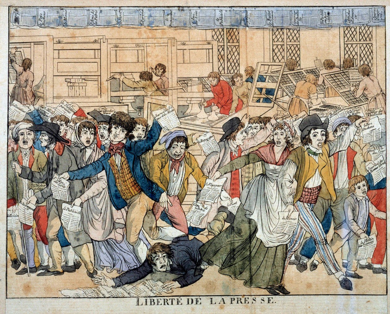 Pressefrihed under den franske revolution: Artikel 10 i Menneskerettighedserklæringen (26/08/1789). Artikel 10, som omhandler meningsfrihed, fører til den anarkistiske fødsel af alle former for presse. Gravering fra det 18. århundrede af French School