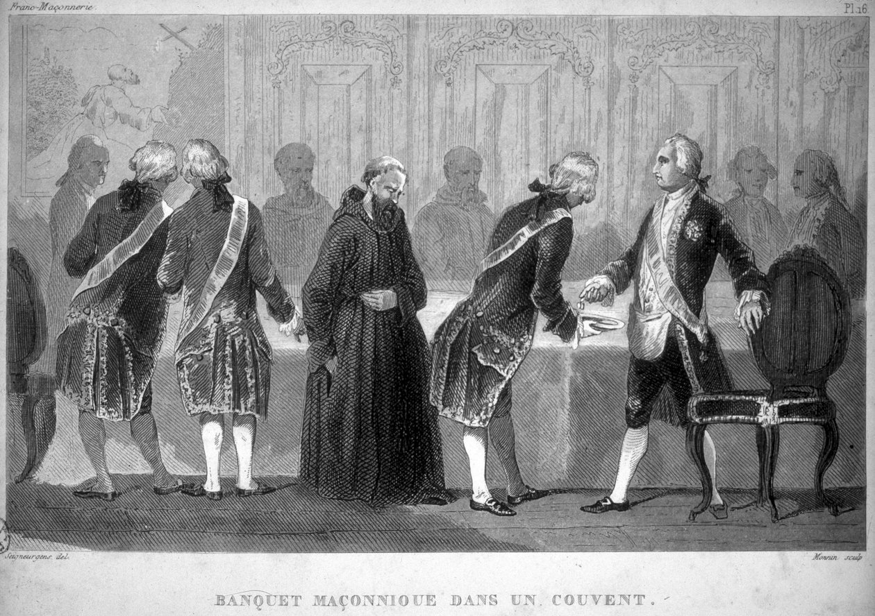 Frimureri: Maconnisk banket i et kloster. Stik fra "Picturesque Histoire de la Franc Maconnerie et des Societes Secretes antique et modernes" af F.-T. B. Clavel. Pagnerre, redaktør. 1843. af French School